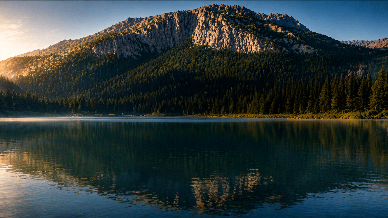 Granite ridgeline reflected in a still alpine lake at first light
